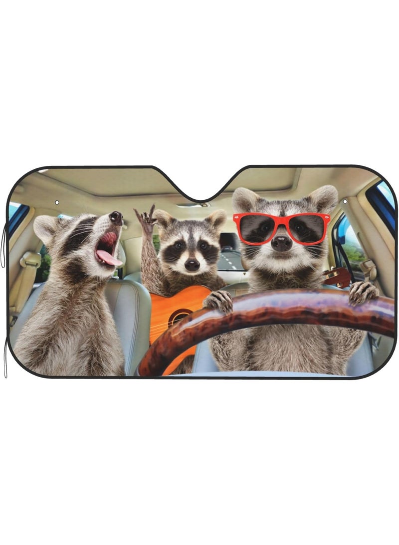 ثلاثة حيوانات الراكون المضحكة الزجاج الأمامي الشمس الظل للسيارة شاحنة سيارات الرباعية الرباعية ((51 "" X 27.5 ") النافذة الأمامية الشمس الظل شاشة درع غطاء (ترقية صلبة) - Image 1